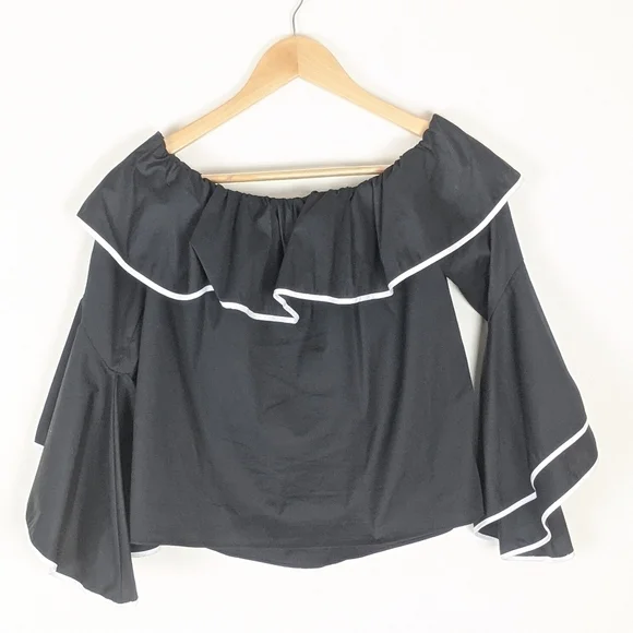 Zara Women's Off The Shoulder Poplin Ruffle Angel Sleeve Top S Black/White - Picture 6 of 6
